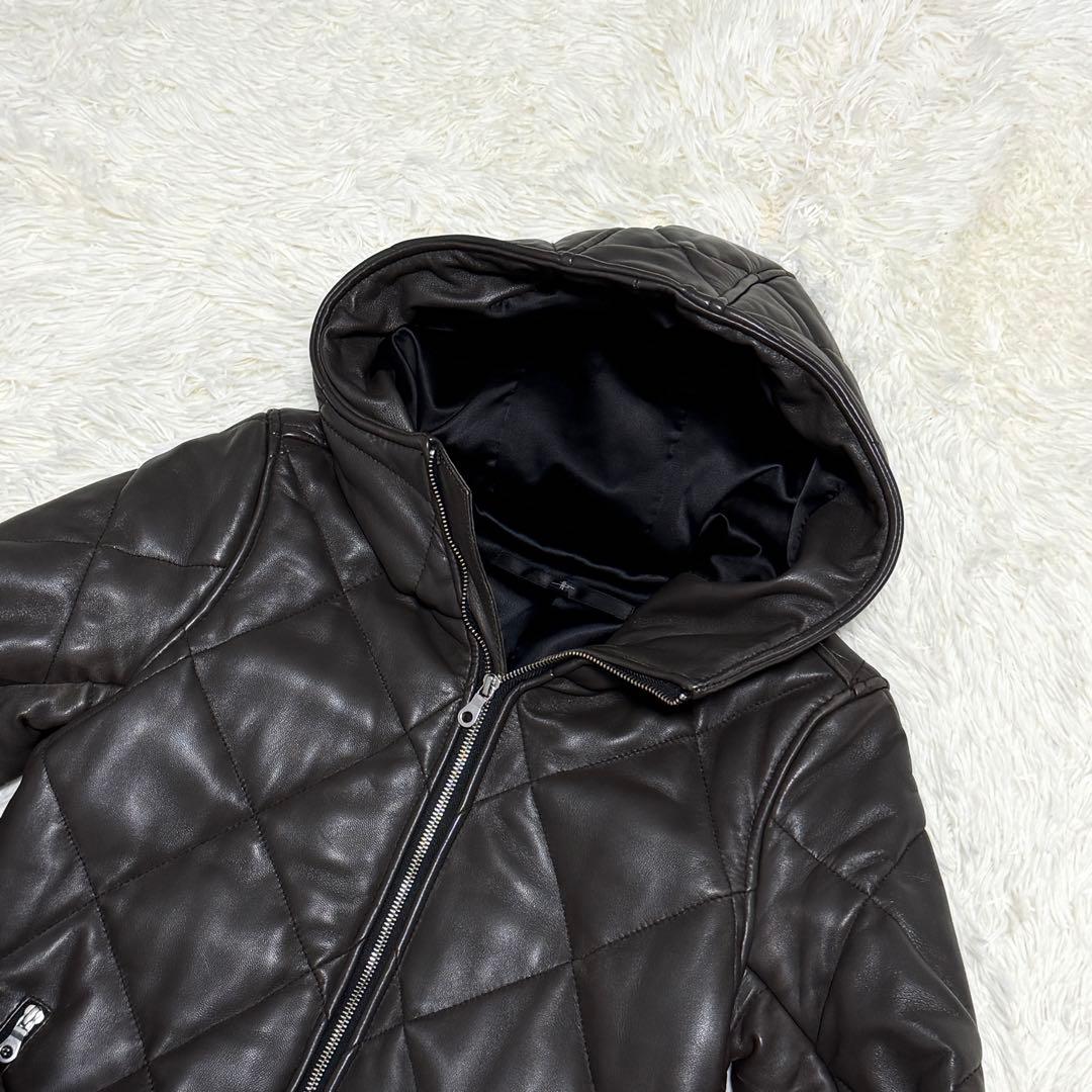 【良品】NO ID. ラムレザージャケット 羊革 キルティング フード ブラウン