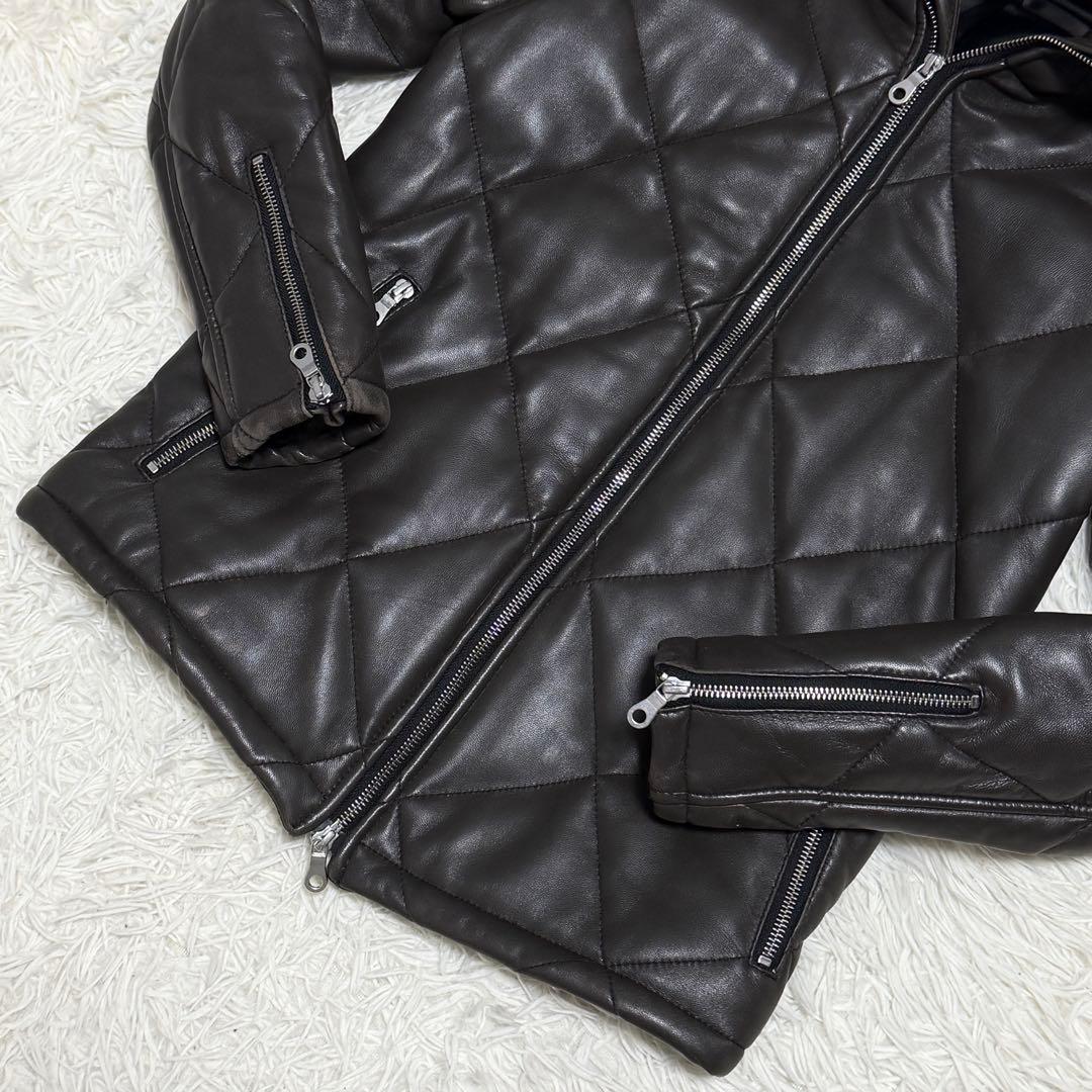 【良品】NO ID. ラムレザージャケット 羊革 キルティング フード ブラウン