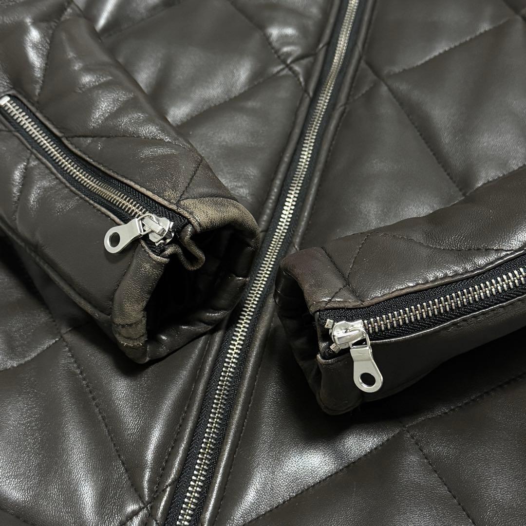 【良品】NO ID. ラムレザージャケット 羊革 キルティング フード ブラウン