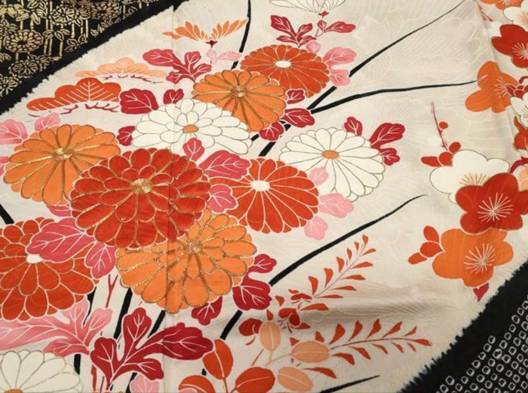 振袖 フルセット6点サイズM〜Ｌ駒刺繍　絞り　檜扇枝花文　金彩　正絹