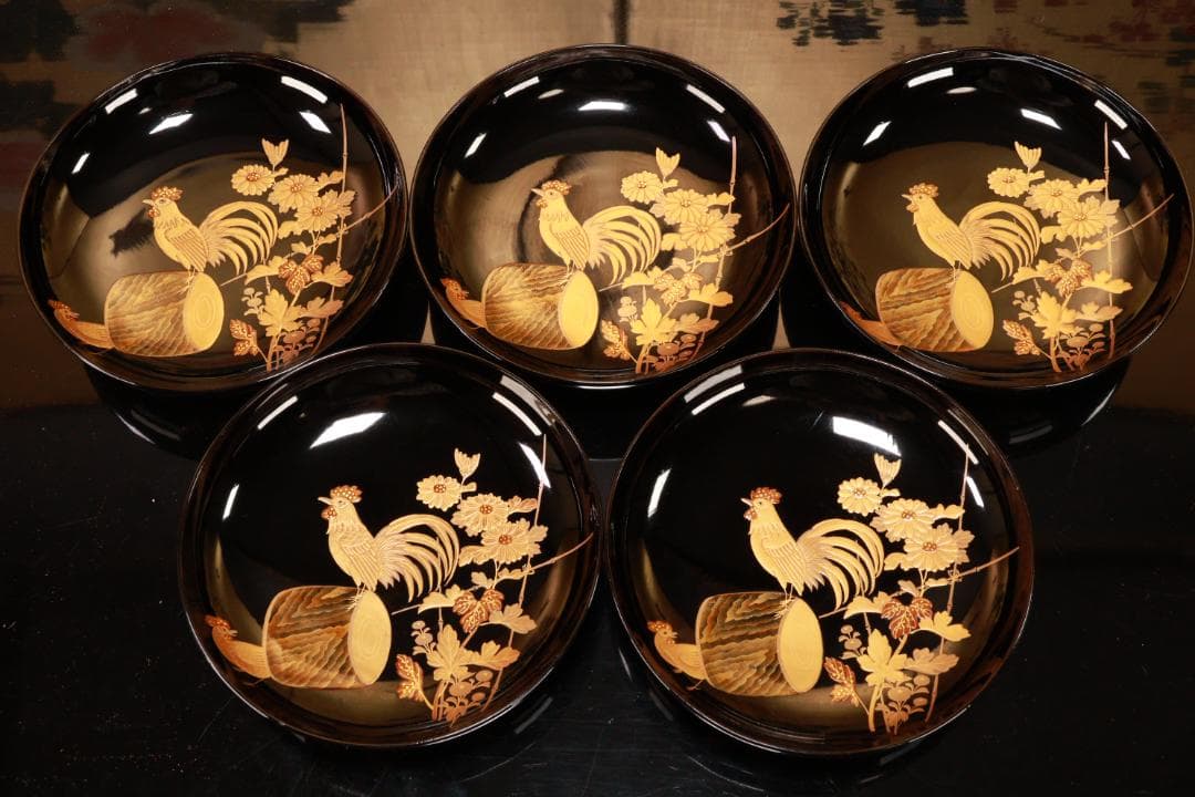 BJ131　時代輪島　加賀蒔絵　鶏図　吸物椀　五客　木製　茶道具 懐石 会席