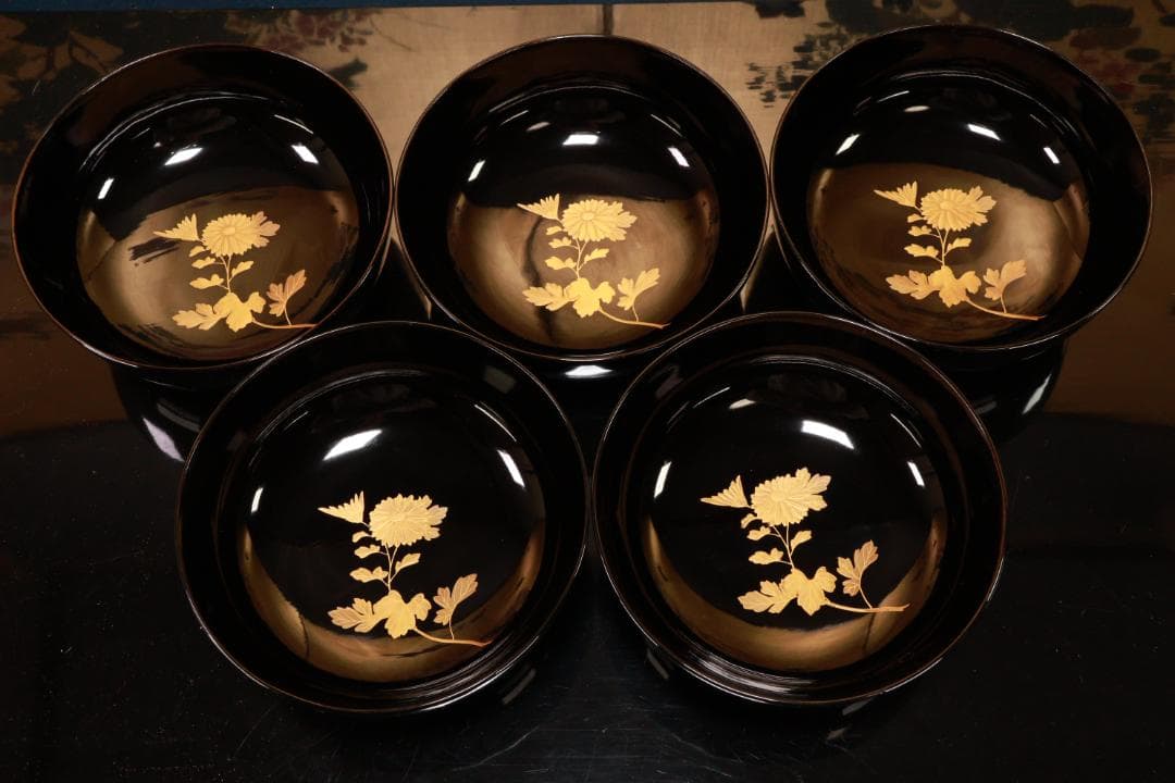 BJ131　時代輪島　加賀蒔絵　鶏図　吸物椀　五客　木製　茶道具 懐石 会席