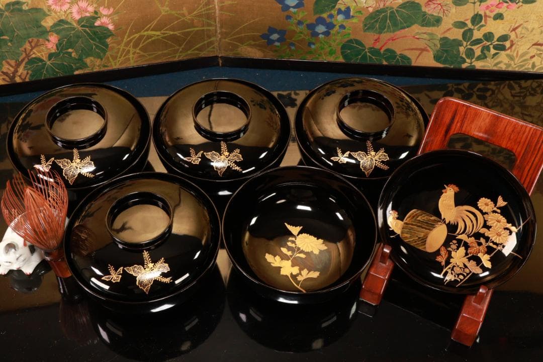 BJ131　時代輪島　加賀蒔絵　鶏図　吸物椀　五客　木製　茶道具 懐石 会席