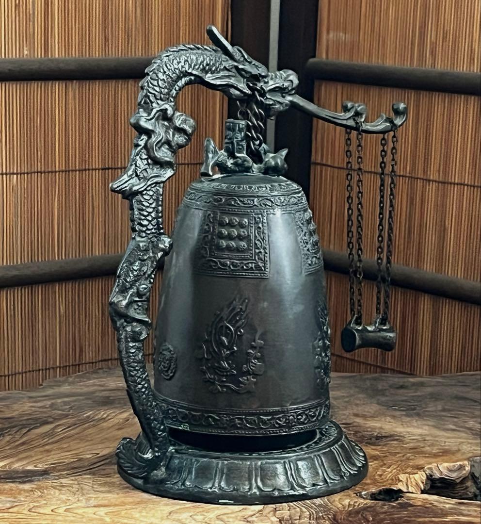 仏教美術 古銅製 釣鐘 龍台座 鳴物