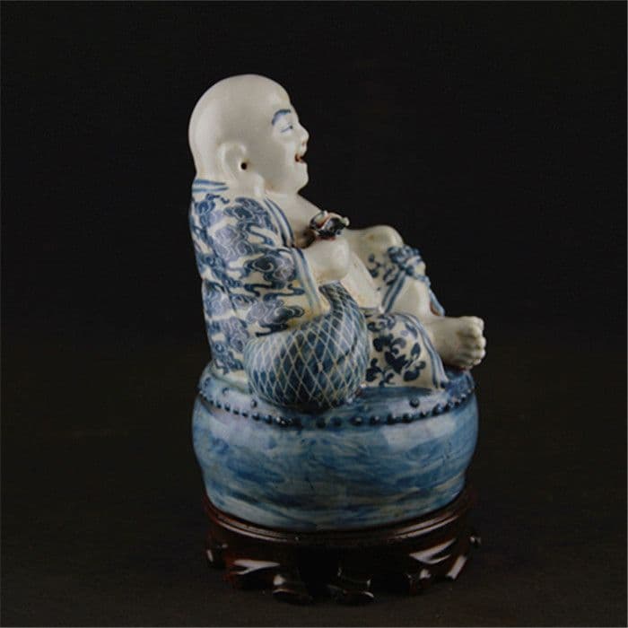 中国美術 青花坐鼓布袋羅漢仏像 陶磁器 装飾品 工芸品 置物