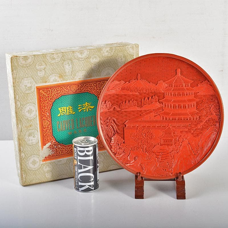 中国　剔紅　堆朱　山水楼閣文盤　飾皿　U　R6720