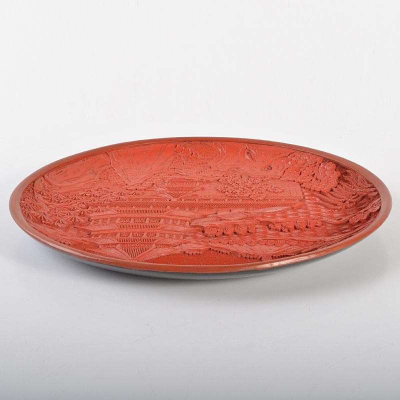 中国　剔紅　堆朱　山水楼閣文盤　飾皿　U　R6720