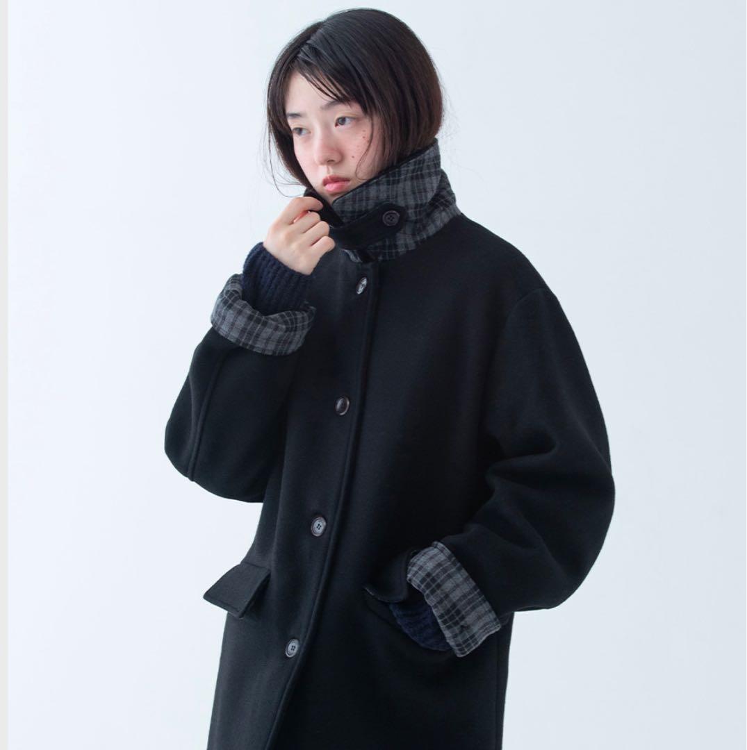 ジャケット・アウター OHESHIO CHECK HALF WOOL COAT BLACK