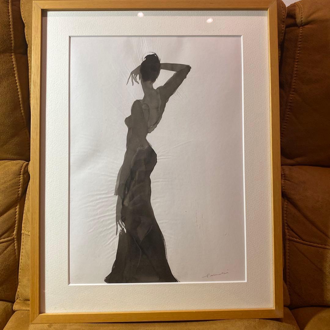 ★週末セール！緒方環さんサイン入 墨濃淡で女性表現Tamaki Ogata 真作