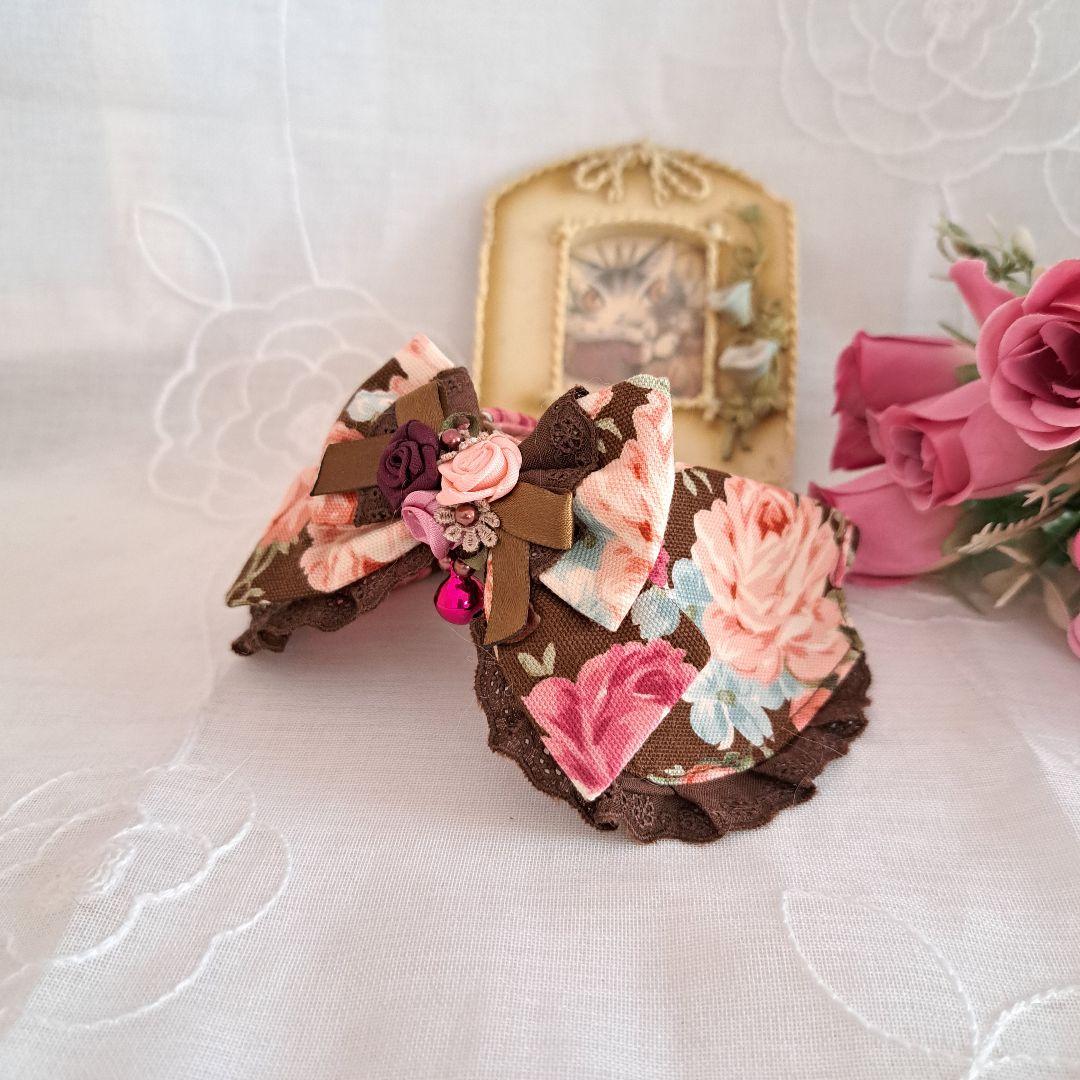 ローズ柄(ブラウン)わんちゃん猫ちゃん用襟付首輪