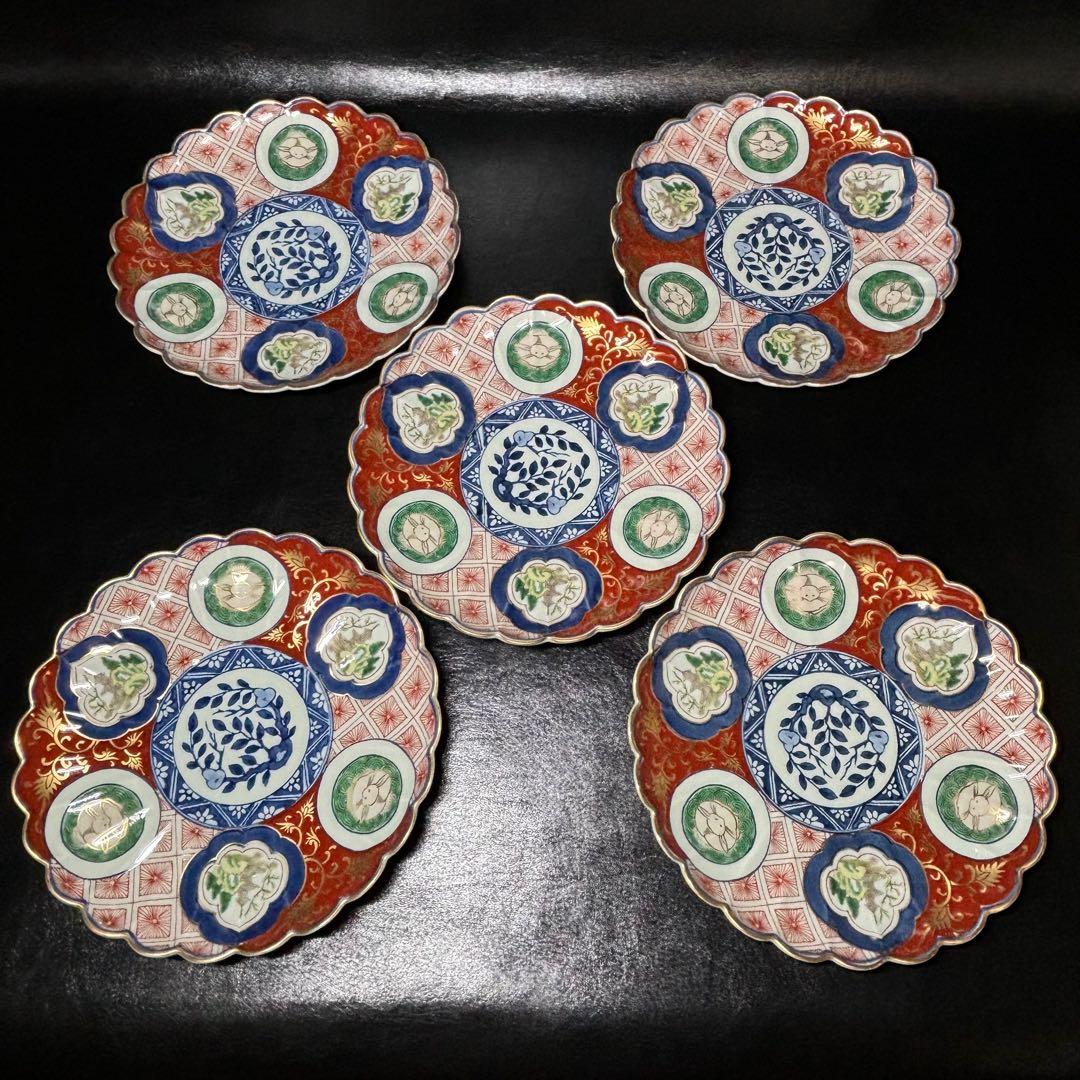 ★食器/有田焼！赤濃木甲山水 兎図 和皿揃 5枚！『林九郎』作！共箱★