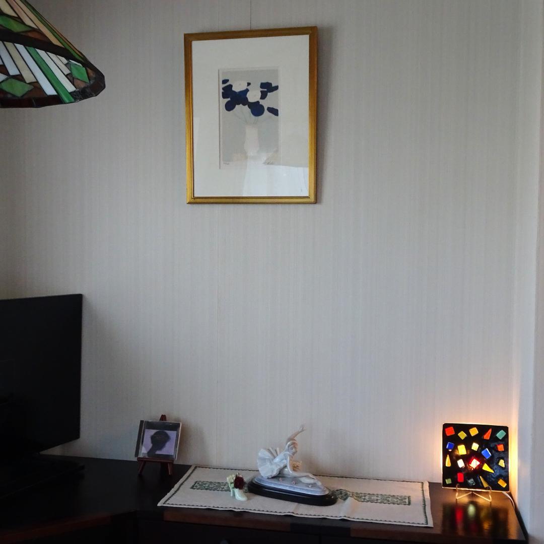 カトラン　Bernard Cathelin　リトグラフ　紺と白のアネモネ