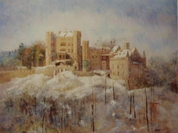 村山きおえ、【雪煙る古城】、希少な額装用画集より、新品額装付