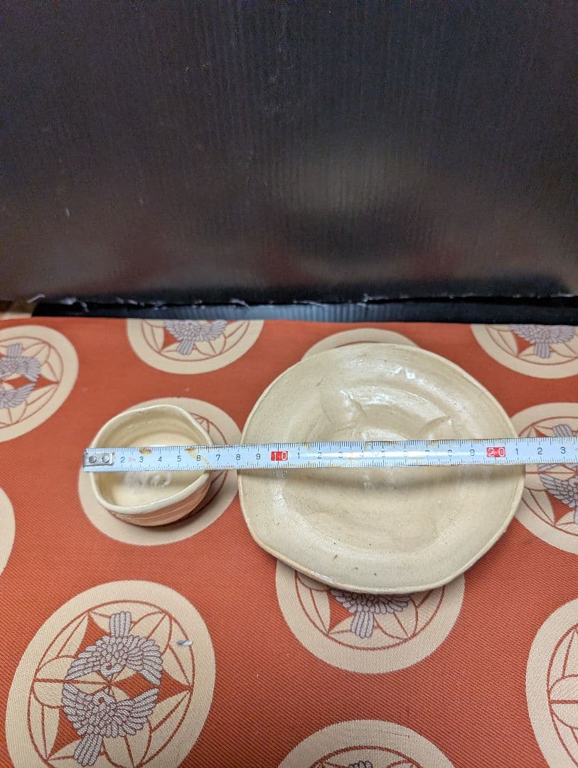 備前焼陶器製茶碗と皿セット印あり、時代物