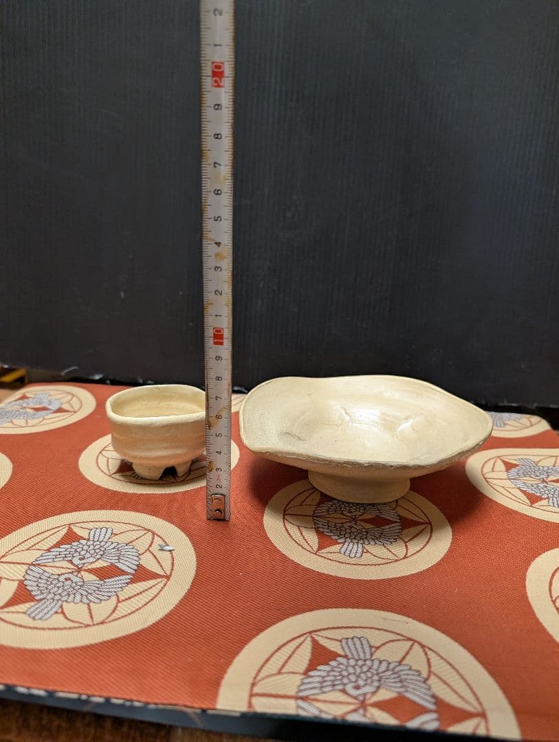 備前焼陶器製茶碗と皿セット印あり、時代物