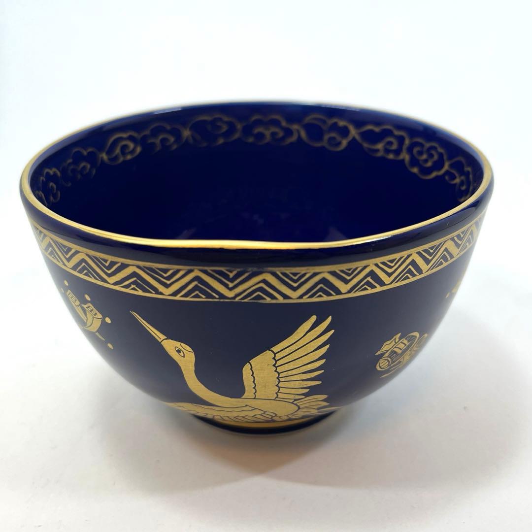 五山窯　林淡幽作　瑠璃金襴手鶴茶碗