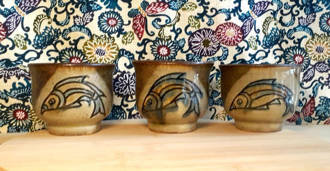 金城敏男 魚紋  湯呑茶碗 3客 金城一門 やちむん壺屋焼