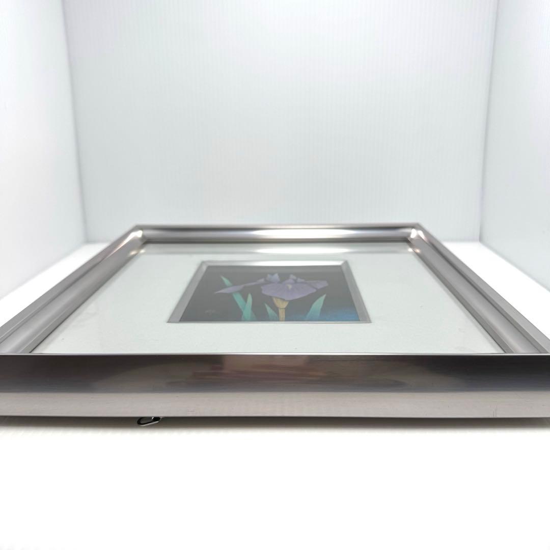 輪島塗 友田裕次 沈金 沈銀 あやめ 額装作品 絵画 額縁 共箱 説明書 漆