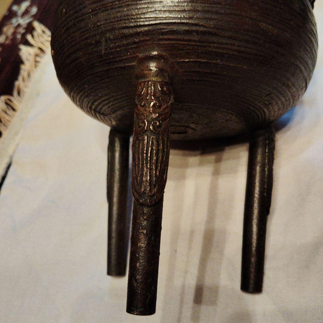 骨董　銅製香炉　三脚　木製香炉台 付き