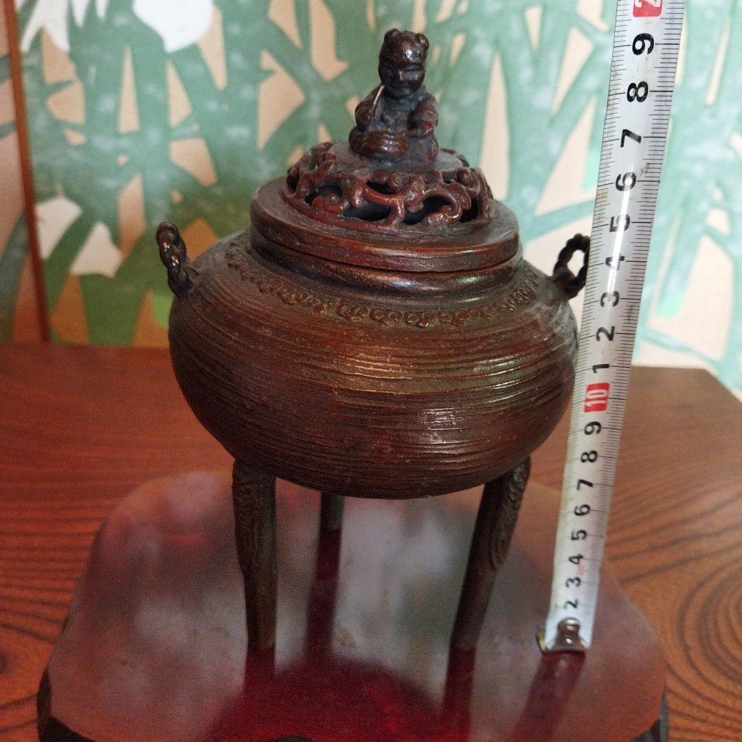 骨董　銅製香炉　三脚　木製香炉台 付き