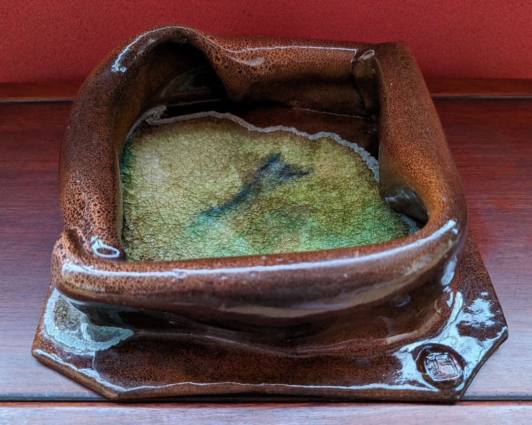 【高光一生】 陶芸 灰皿 オブジェ 花生 茶 緑青 神の子池