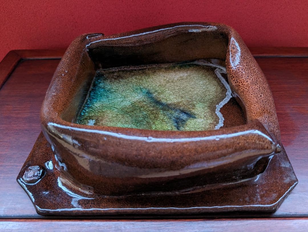 【高光一生】 陶芸 灰皿 オブジェ 花生 茶 緑青 神の子池