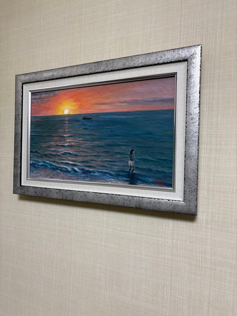 油彩原画　夕日の海・ハワイ　M８号　額装品