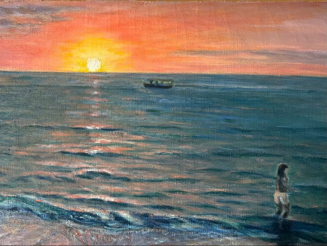 油彩原画　夕日の海・ハワイ　M８号　額装品