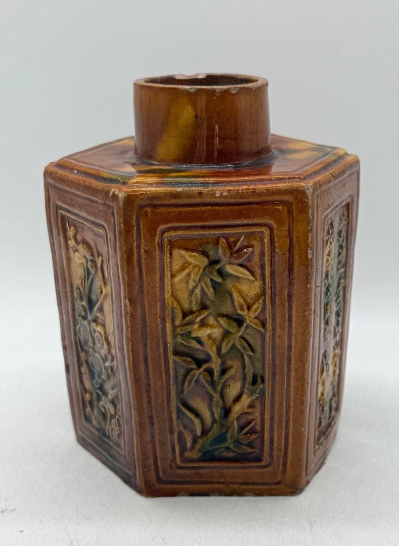 中国　清時代　素三彩　梅竹詩紋六角茶壺　アンティーク　送料込み251121