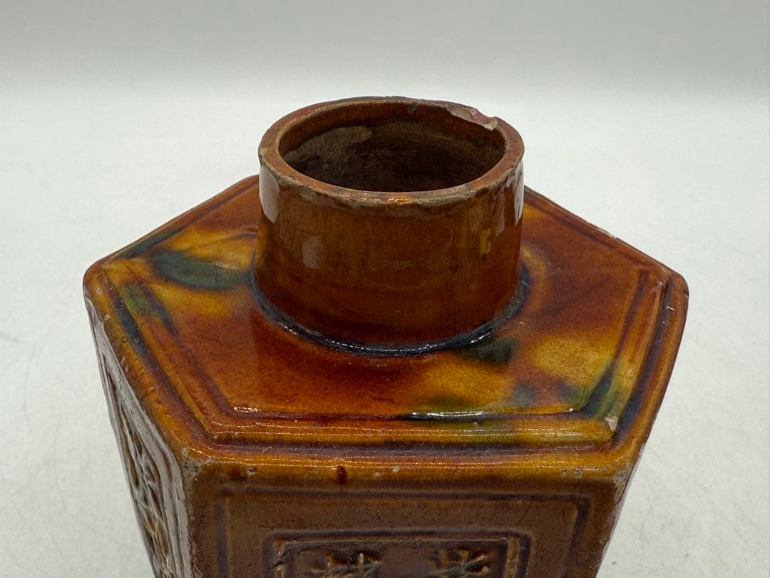 中国　清時代　素三彩　梅竹詩紋六角茶壺　アンティーク　送料込み251121