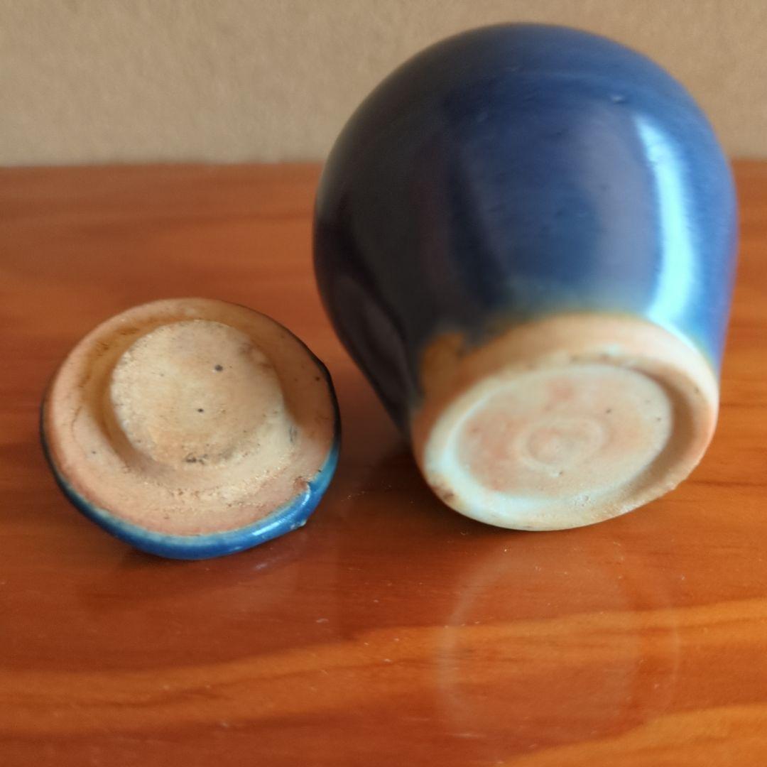 濃紺 陶器 壺 木箱付き　明代景徳鎮　瑠璃　蓋付壺　小壷　古美術品　約8cm