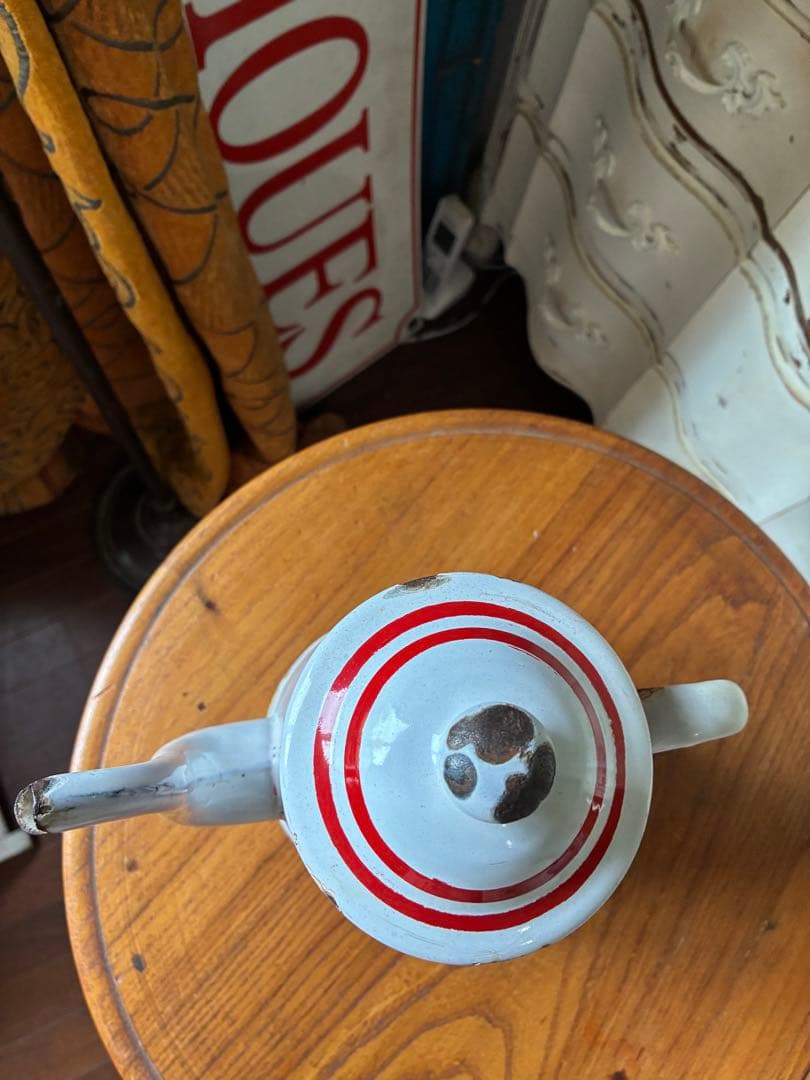 フランス　アンティーク　ホーロー　ポット　赤白　ダブルビギン　二段式　100年