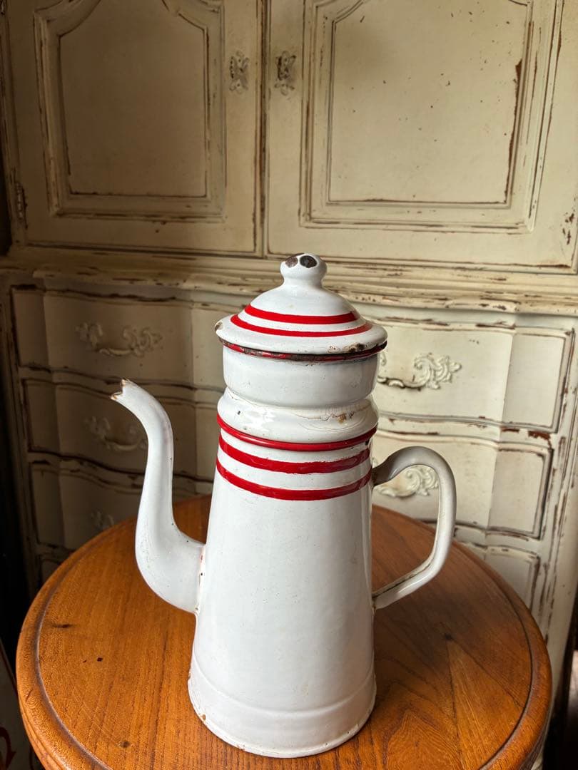 フランス　アンティーク　ホーロー　ポット　赤白　ダブルビギン　二段式　100年