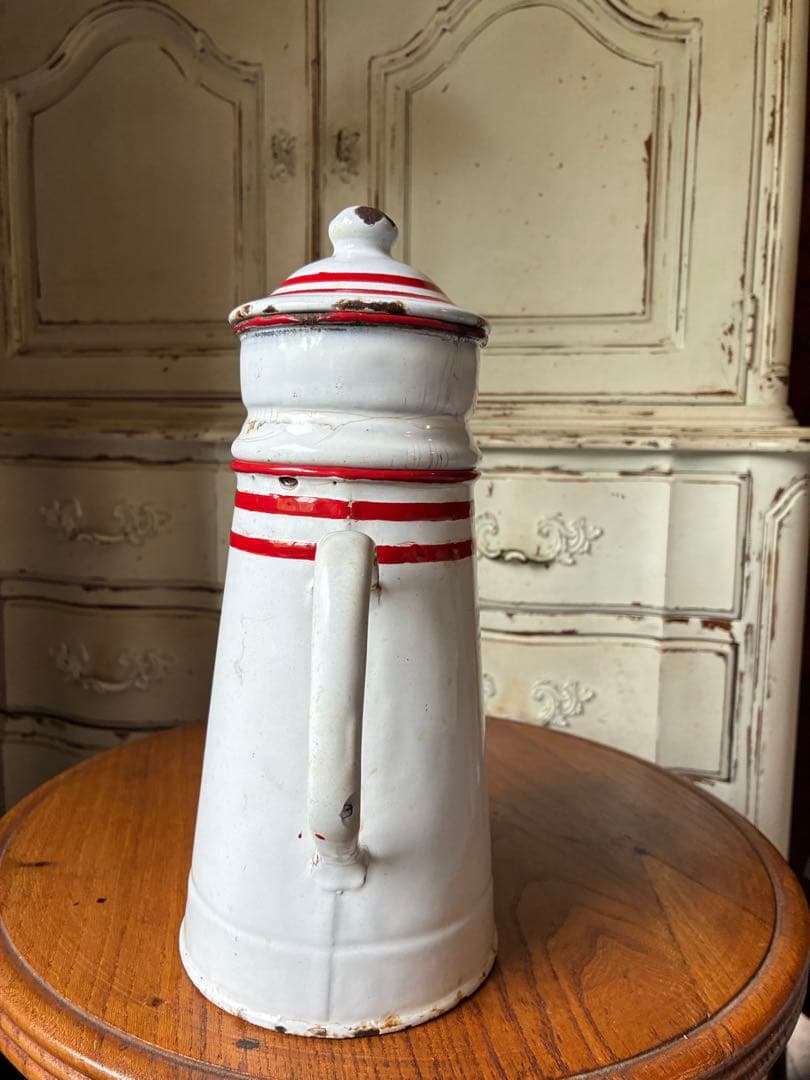 フランス　アンティーク　ホーロー　ポット　赤白　ダブルビギン　二段式　100年