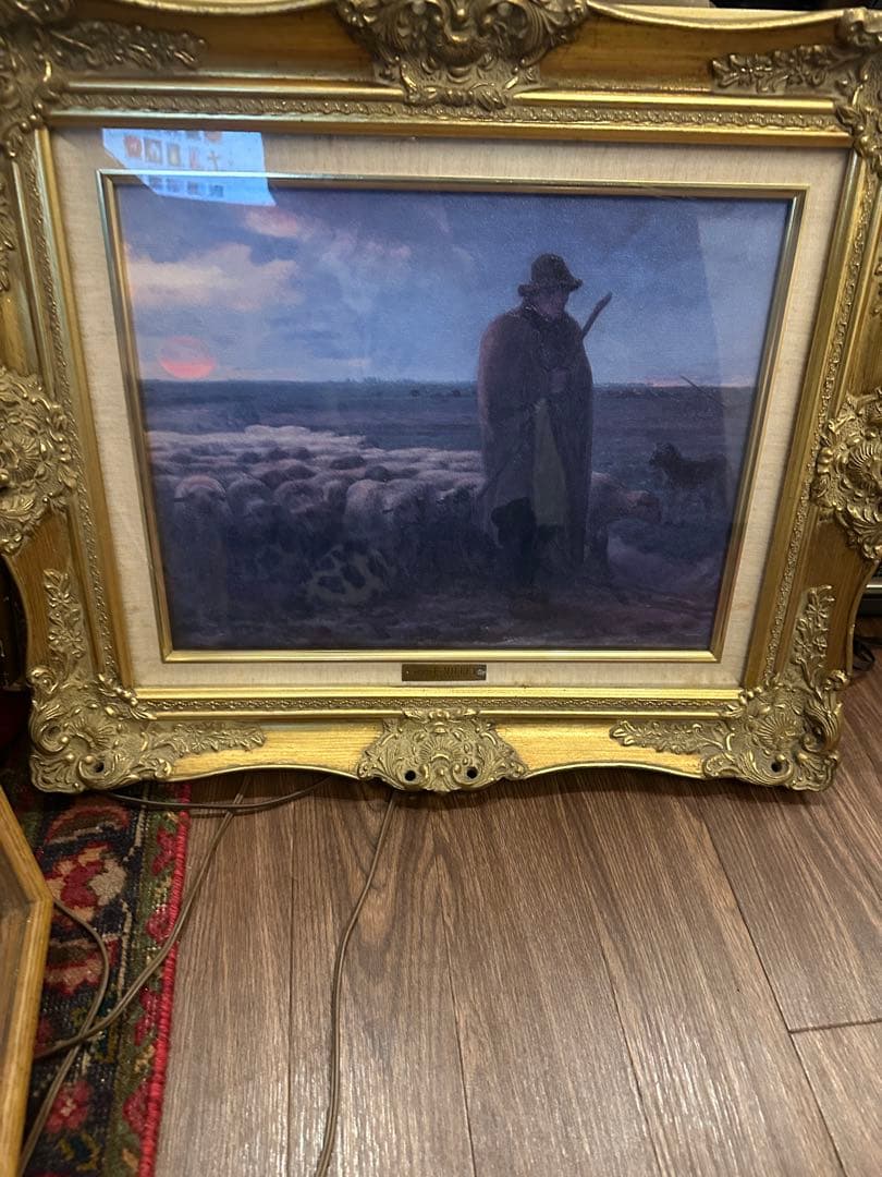 羊と牧人の絵画 金色フレーム　アンティーク風