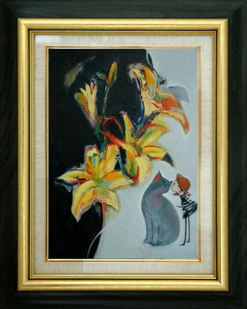 油絵 菅家令子 絵 絵画インテリア額付(白) uF6-050320 子猫と女の子