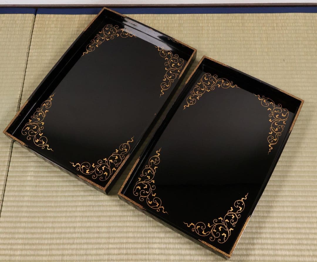 漆芸 木製漆器 唐草蒔絵 黒塗 長方盆 大小一組 2枚 脇取 広盆【MA719】