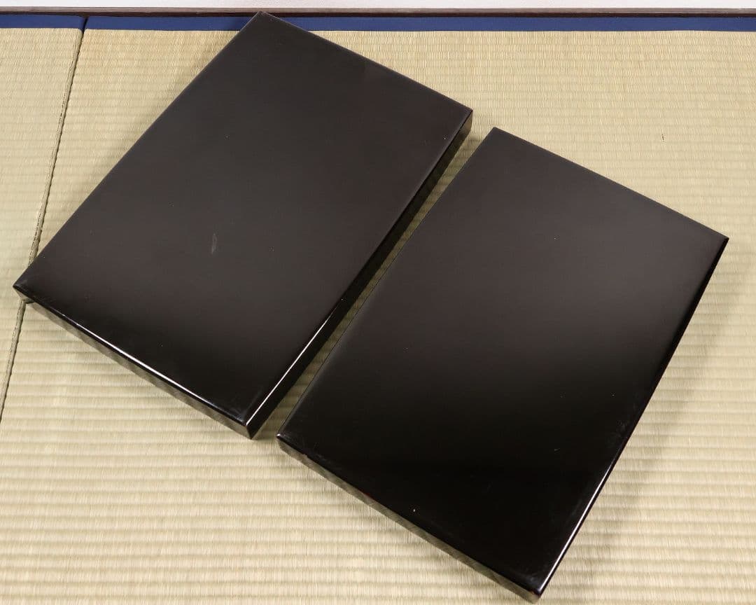 漆芸 木製漆器 唐草蒔絵 黒塗 長方盆 大小一組 2枚 脇取 広盆【MA719】