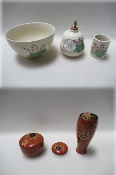 茶道具　桑製茶箱　中の道具揃い