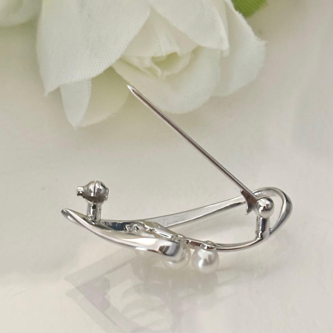 395【ミキモト】シルバー　パール　ブローチ　ハート　箱付き