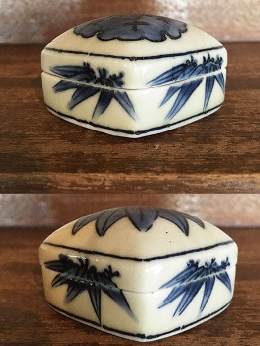 香合 菱形 笹りんどう 染付 銘あり 共箱付 中古 古物 19.01.12-1