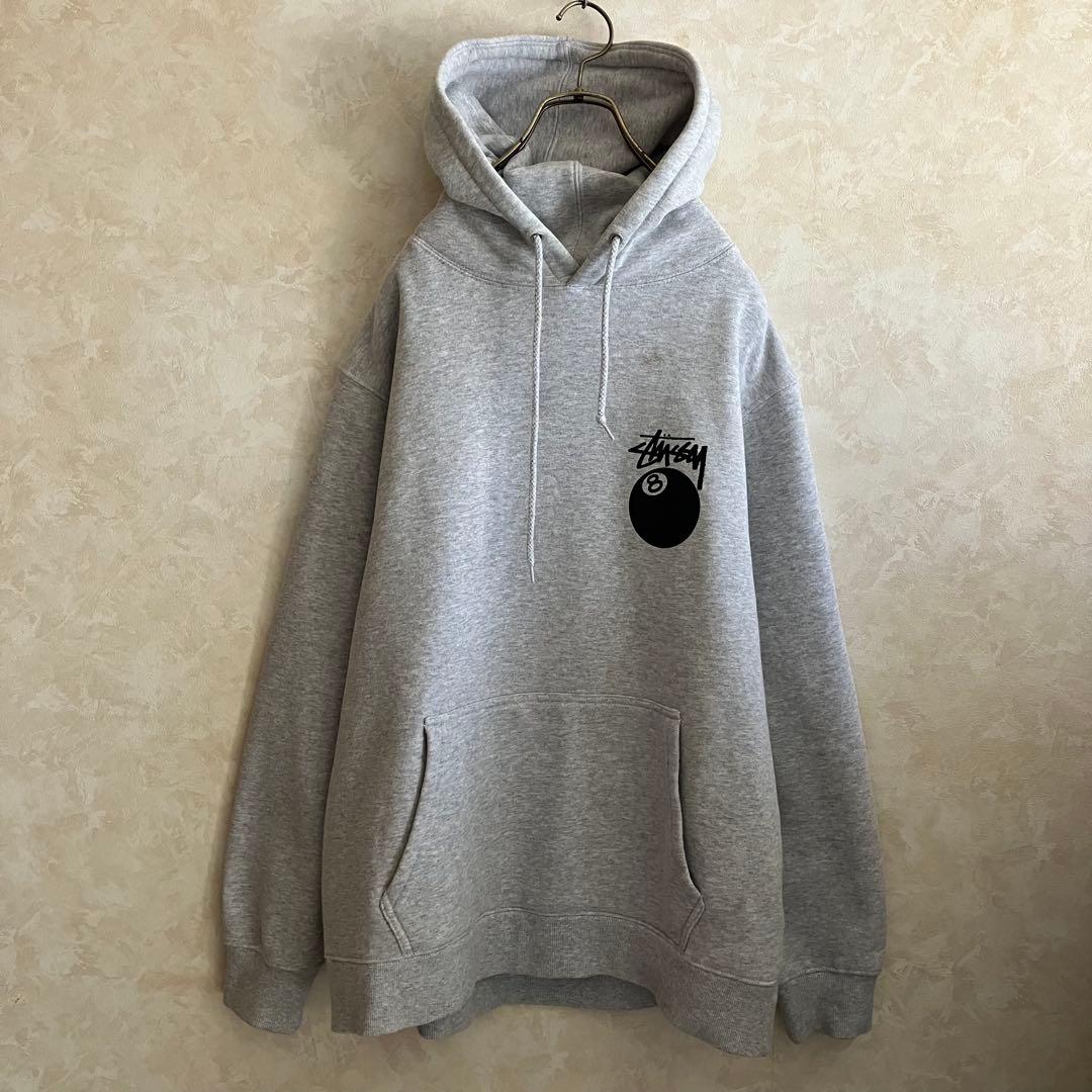 古着 ステューシー 両面ロゴ 8ボール パーカー グレー XL 裏地フリース