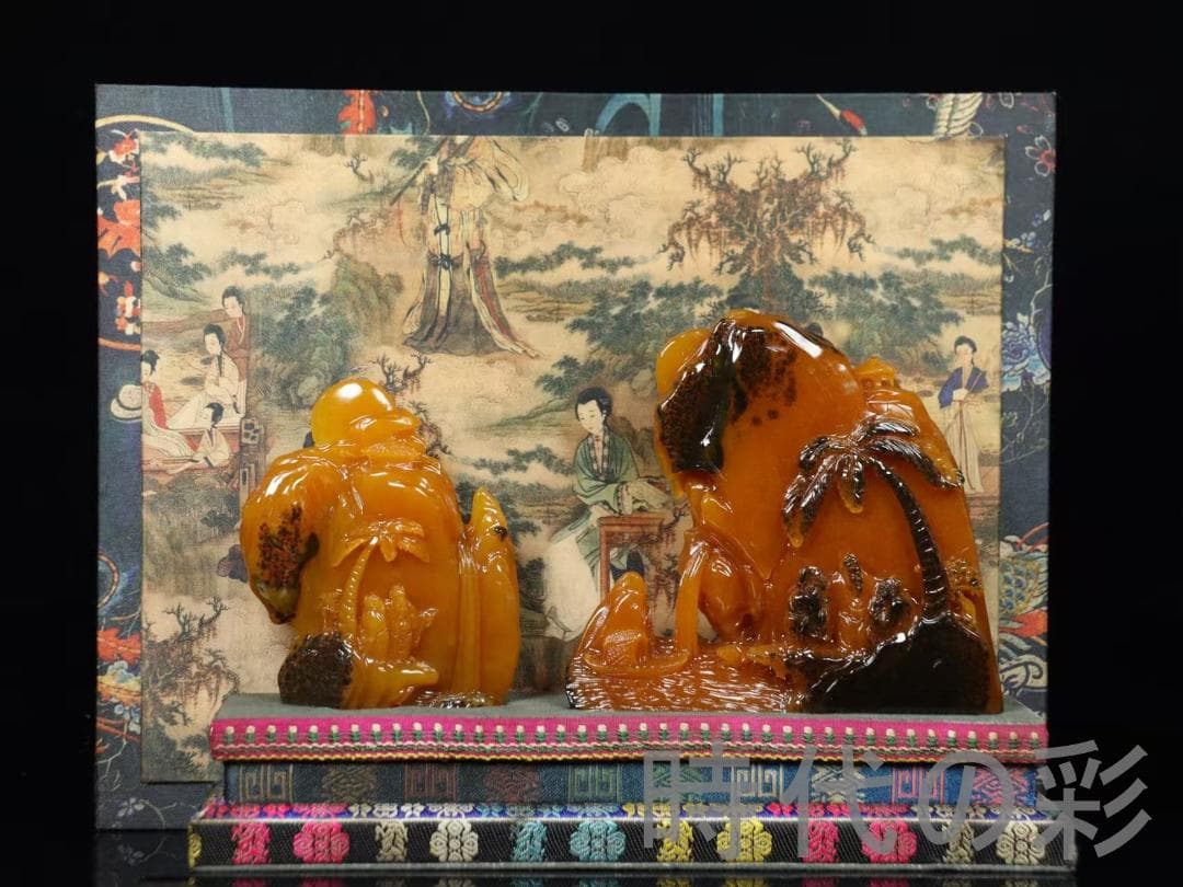 中国古美術【田黄石 山水人物】尚均作款 細密彫 純手彫り 寿山石細作 在銘 擺件