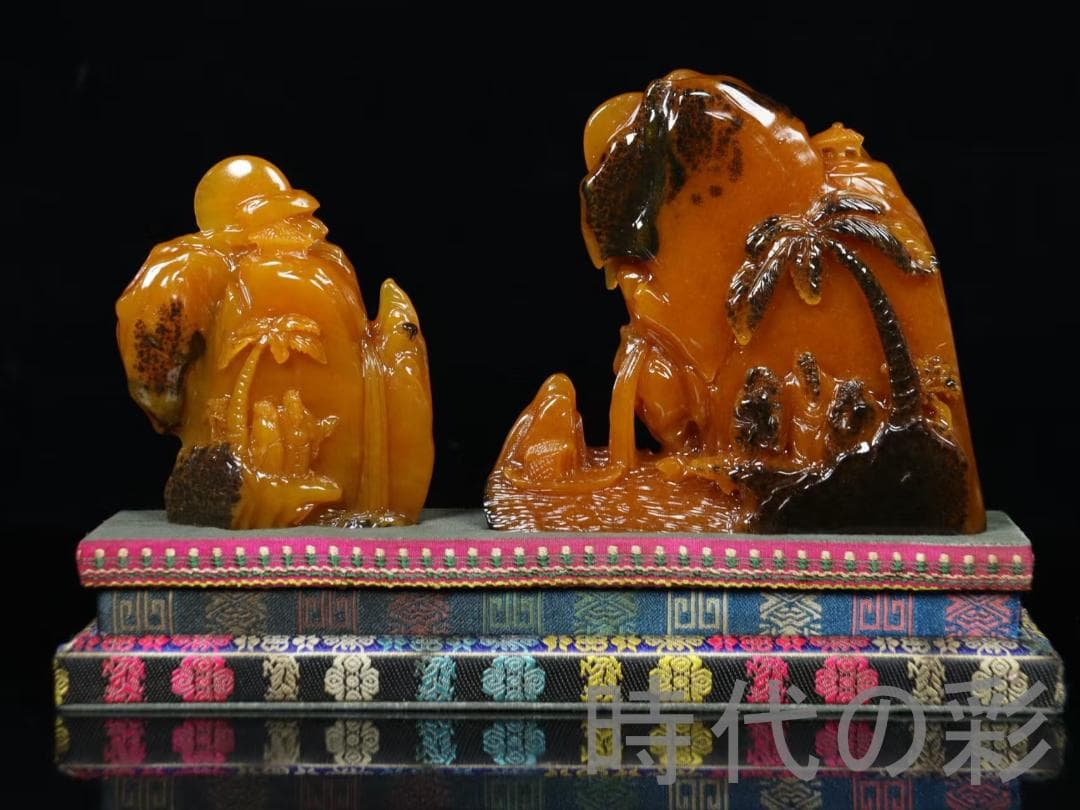 中国古美術【田黄石 山水人物】尚均作款 細密彫 純手彫り 寿山石細作 在銘 擺件