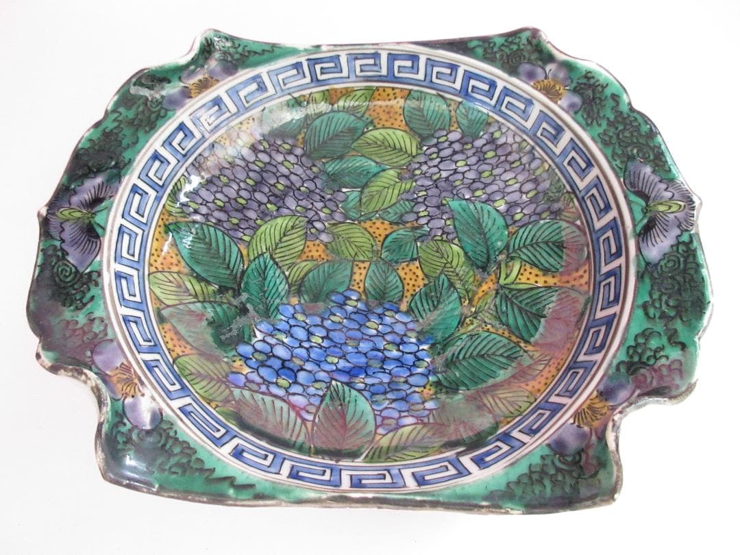 時代物 九谷焼 青手風 紫陽花紋 変形 なます皿 3客 TN 108 70816