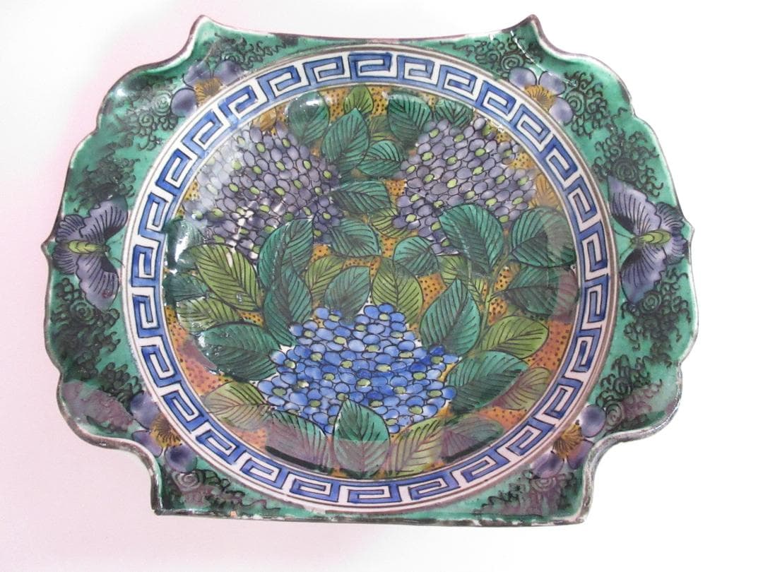 時代物 九谷焼 青手風 紫陽花紋 変形 なます皿 3客 TN 108 70816