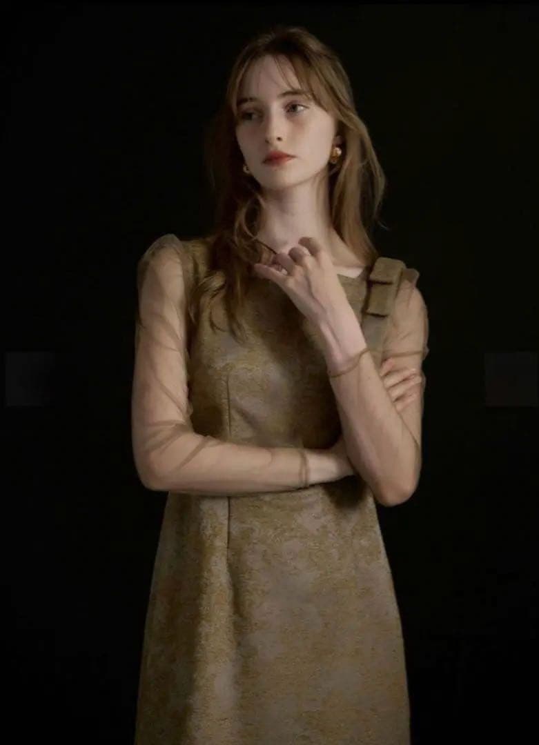 Shoulder ribbon jacquard dress/LE’RURE