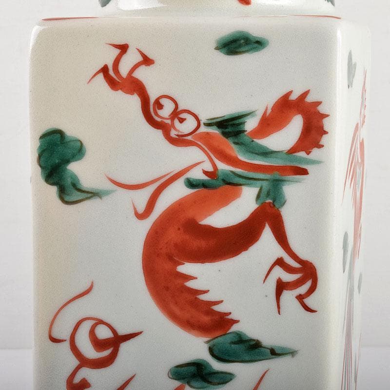 京焼　三浦竹軒造　赤絵　雲龍鳳凰文　四方瓶　共箱　M　R4967B
