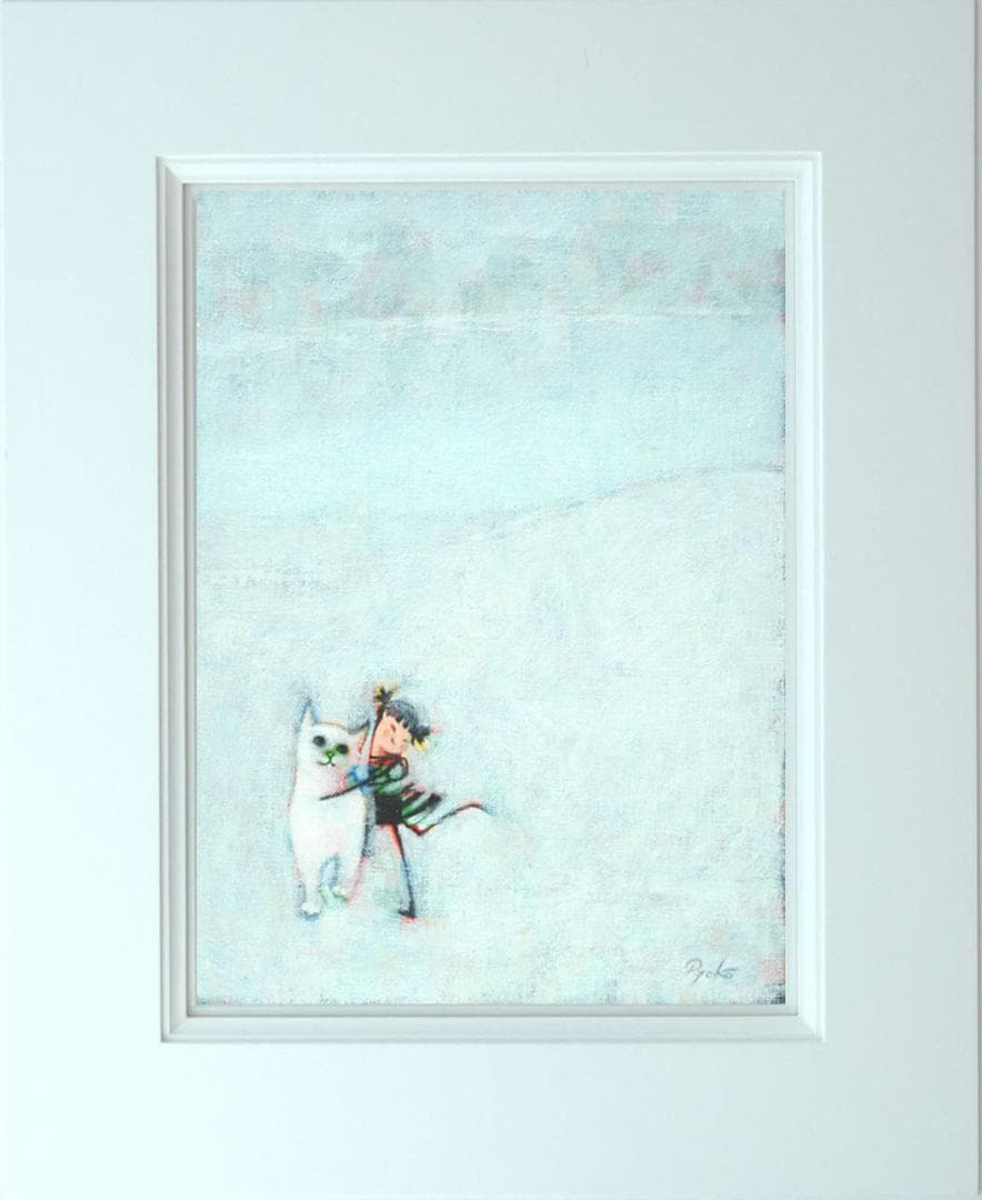 油絵 菅家令子 絵 絵画インテリア額付(青緑＋金色の枠)F3-091918猫女子