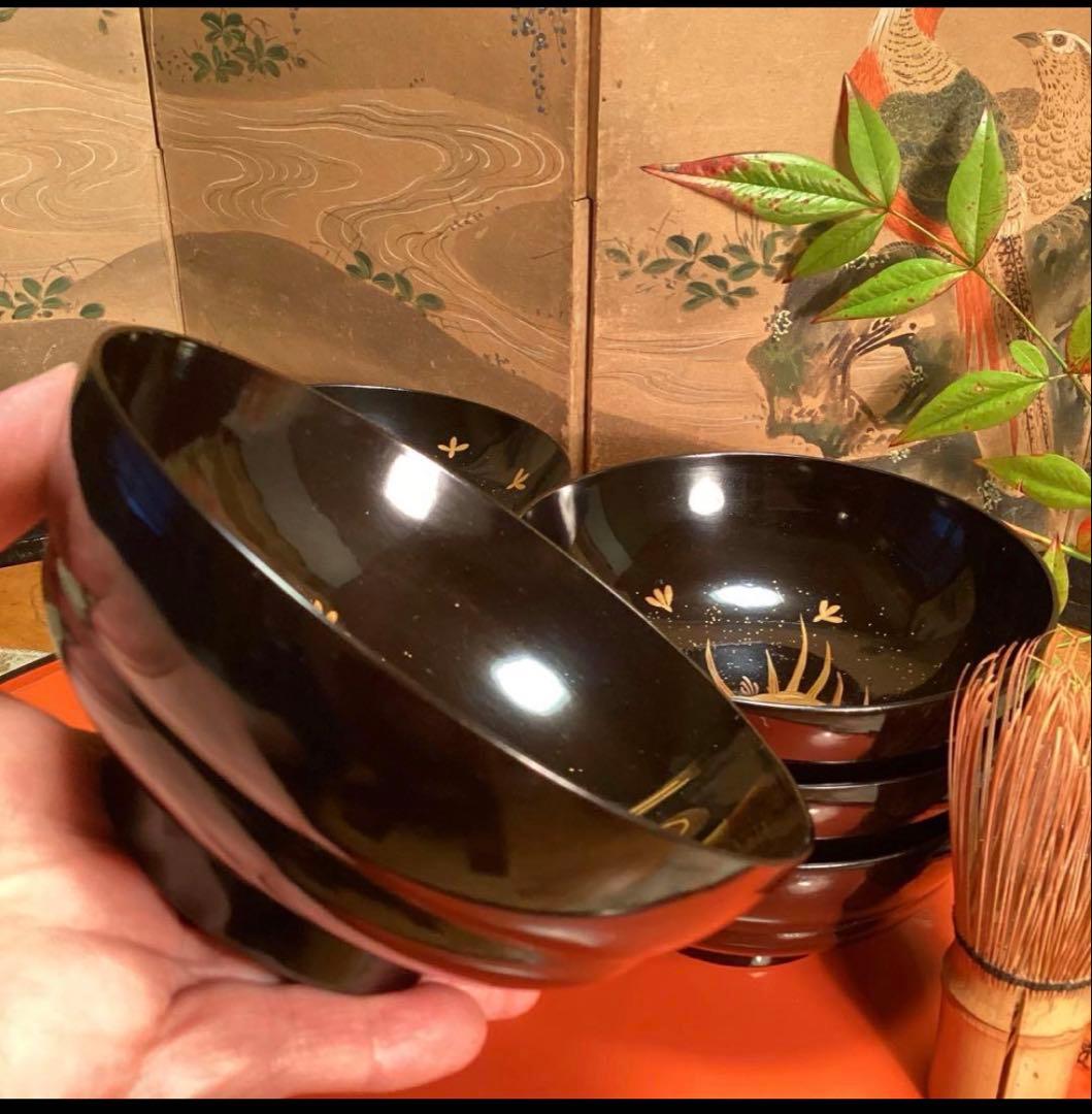 A1060 木製輪島塗　懐石道具　衝羽根に流水菖蒲　蒔絵　2客